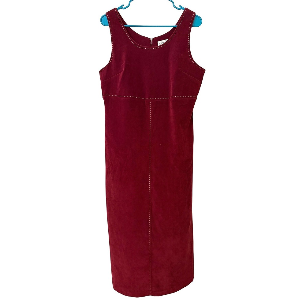 Vintage White Stag Stretch Sheath Dress Bordeaux Red Whipstitch Midi Medium 8/10